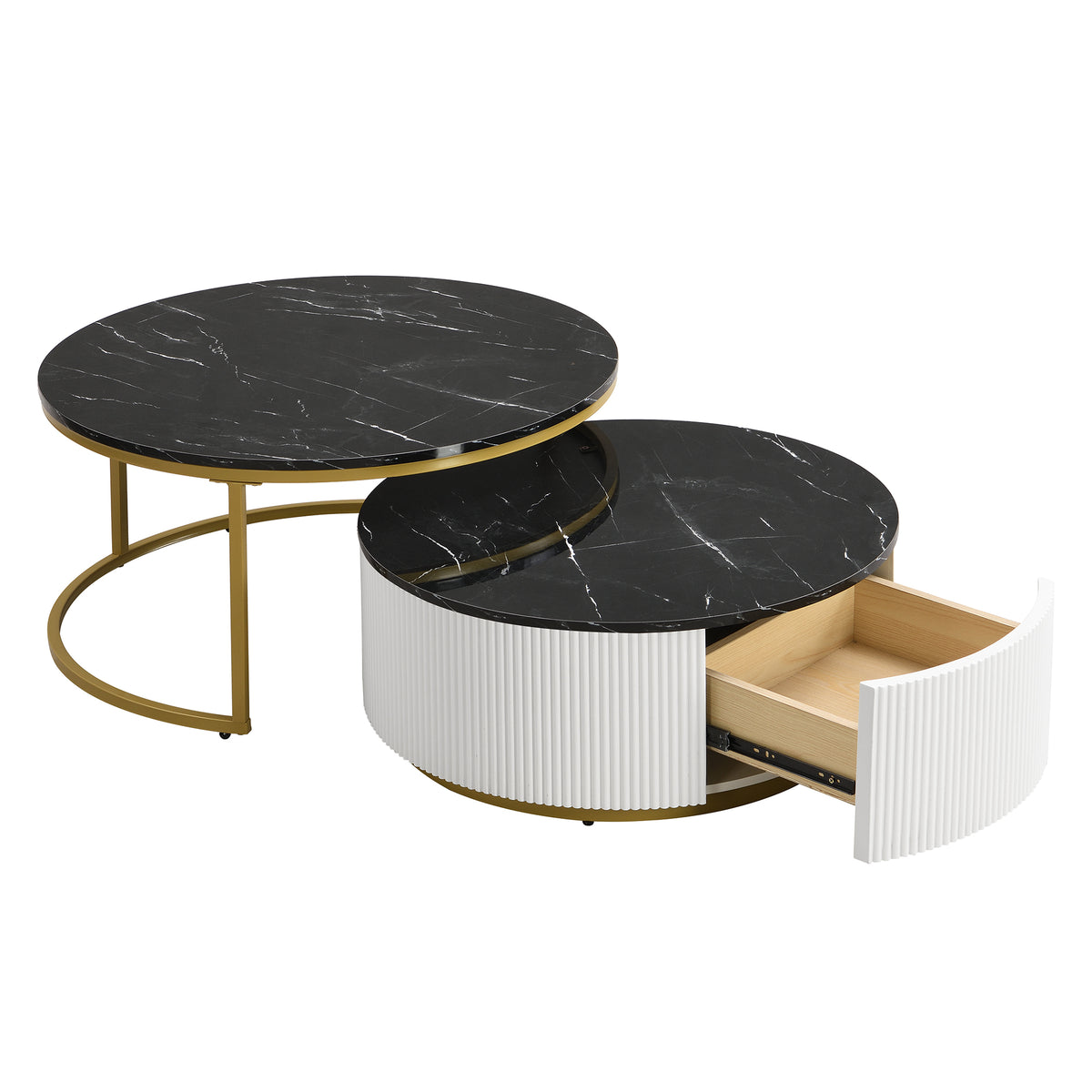 Anthony & Home Atelier Fluted Brass Round Nesting Coffee Table with Drawer, showcasing the elegant brass finish and stylish design.