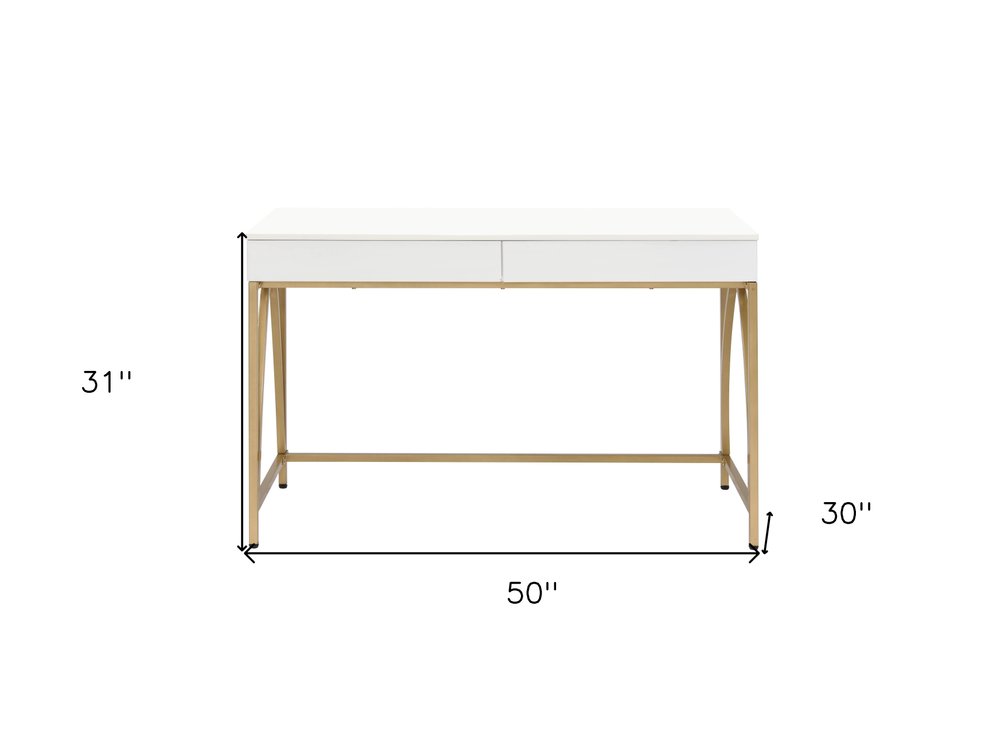 50" White And Gold Wood and Steel Vanity Table With Two Drawers
