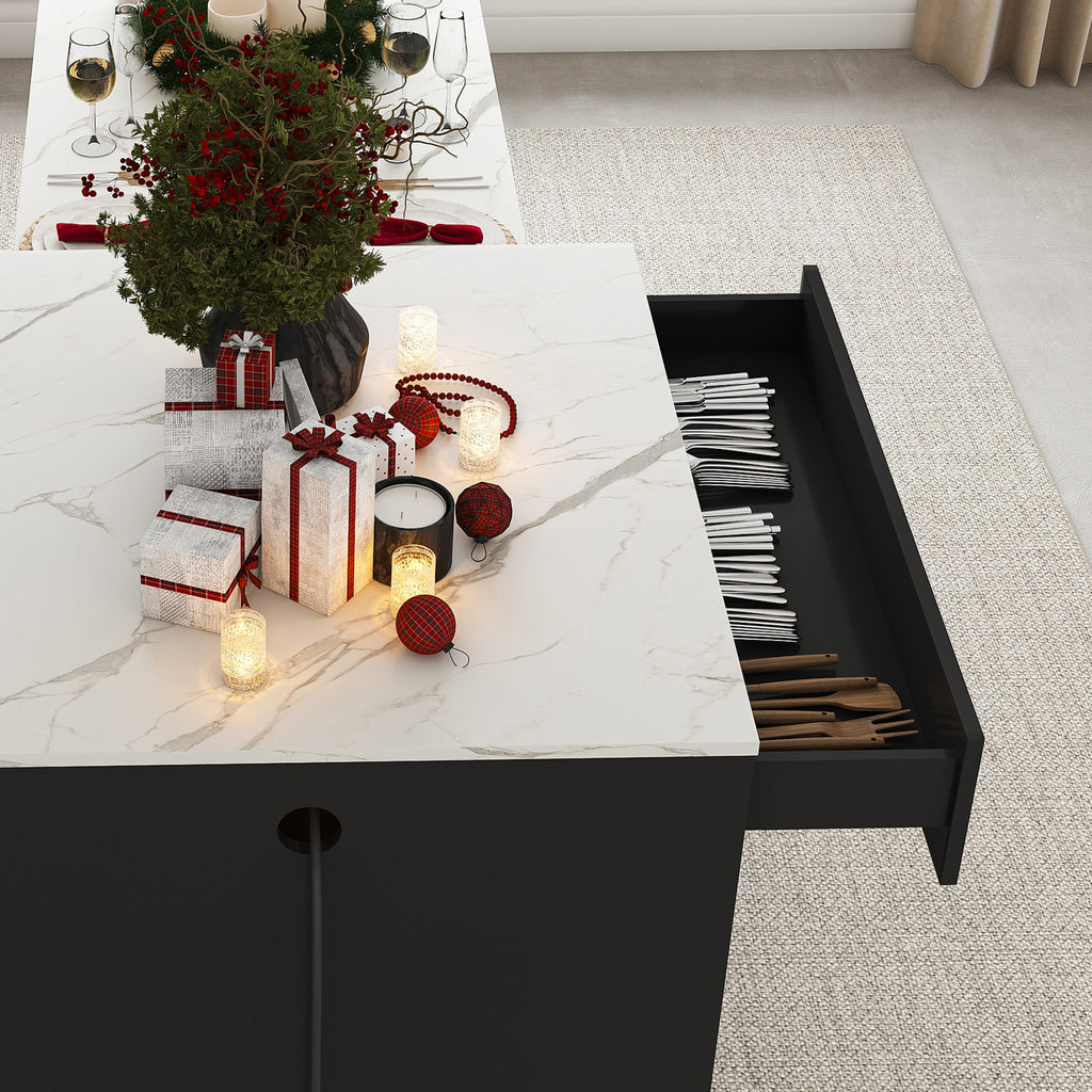 Black Expandable Kitchen Island with Marble - Grain Countertop, Power Outlet, Mobile Storage Cart with Cabinet & 2 Drawers, 80 - Inch Dining Table - Anthony & Home