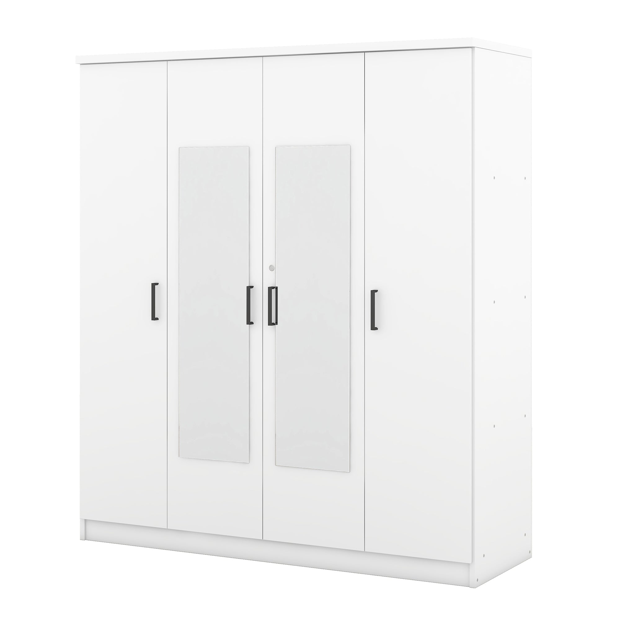 Heritage white plywood four-door mirror wardrobe by Anthony & Home showing sleek doors and full-length mirrors in a modern bedroom setting.