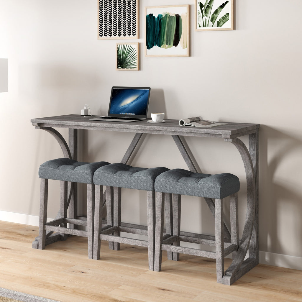 Gray Industrial Bar Table Set With Power Outlet And Chairs