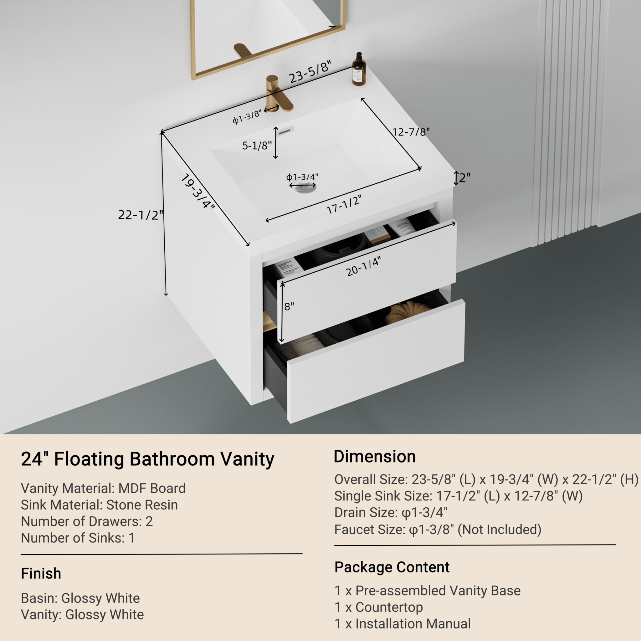 Anthony & Home Atelier stone resin wall-mounted vanity with sink and soft-close drawers, modern bathroom fixture.