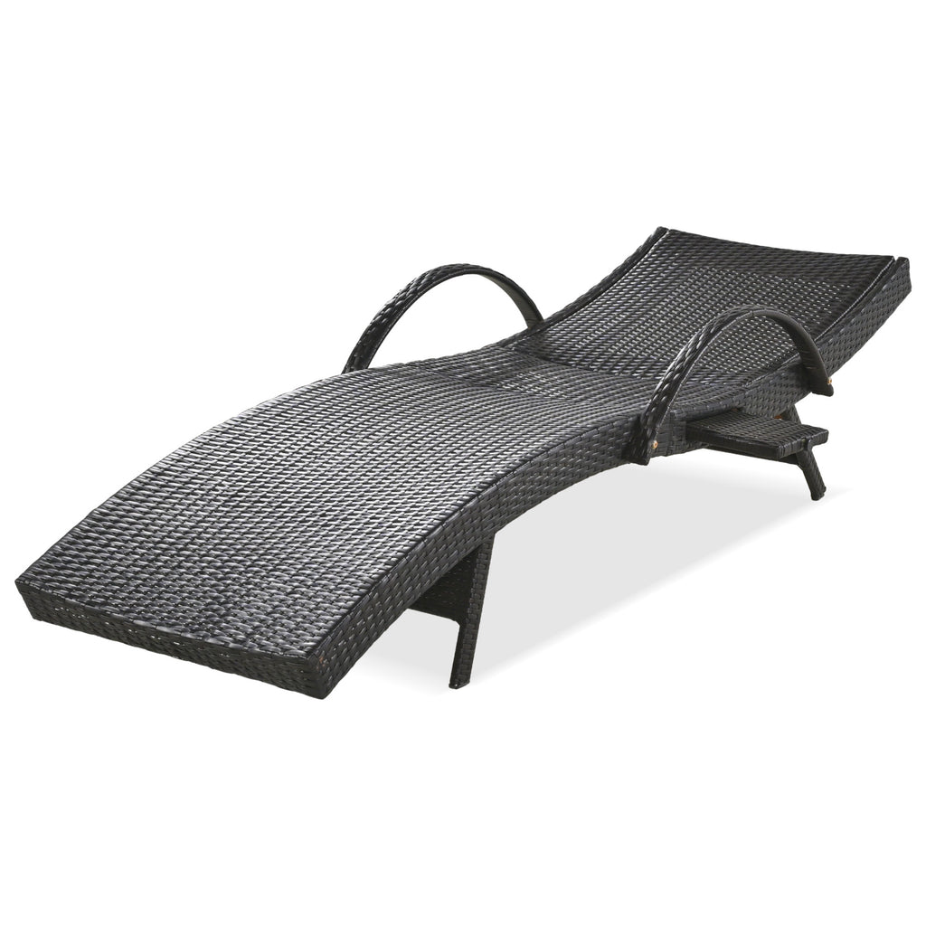 Anthony & Home K&K Signature outdoor wicker chaise lounges set with dark brown finish, adjustable backrest and pull-out side table.