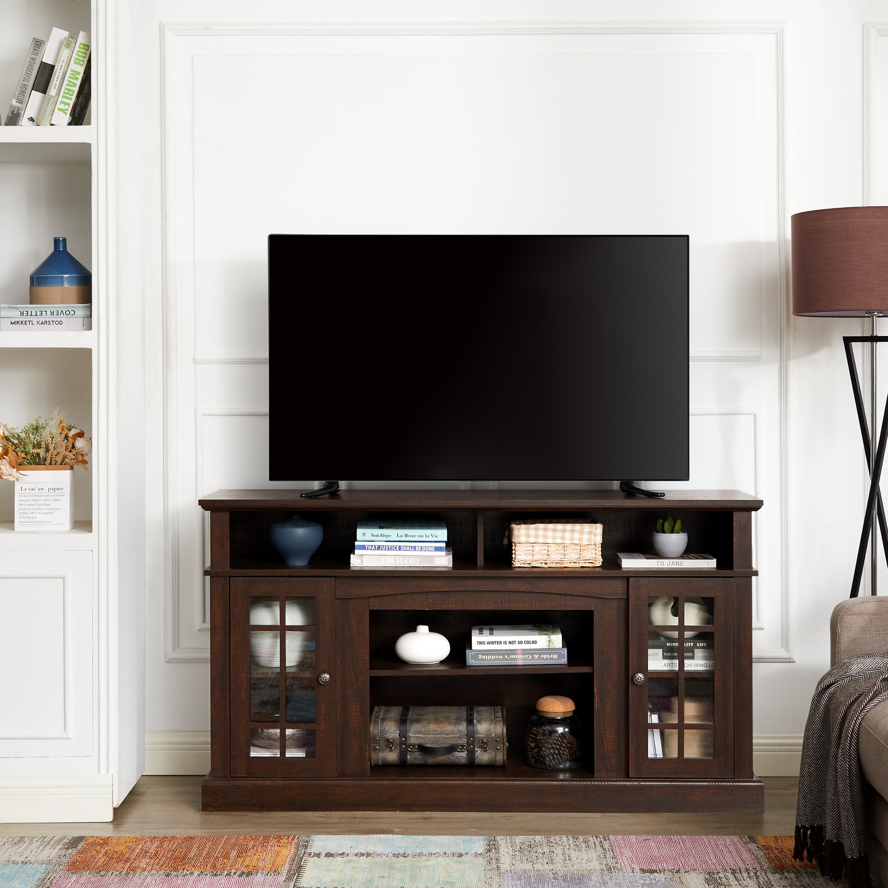 Refined Espresso Finish TV Media Console For 65 Inch Screens With Open And Closed Storage Unit