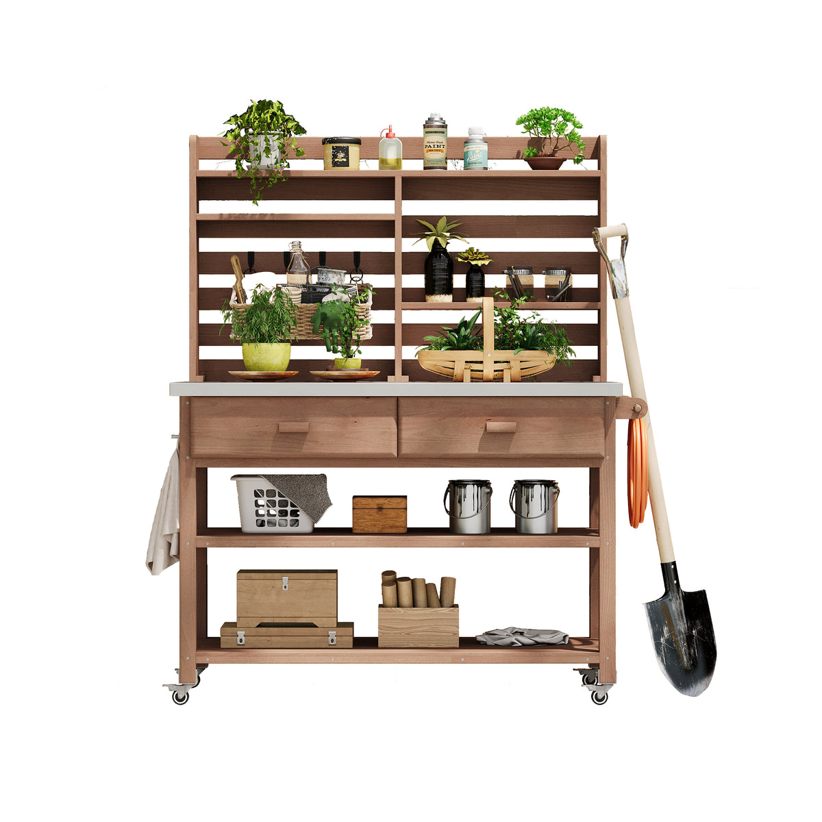 Anthony & Home outdoor potting bench with stainless steel top, featuring a sturdy wooden frame and ample workspace for gardening tasks.