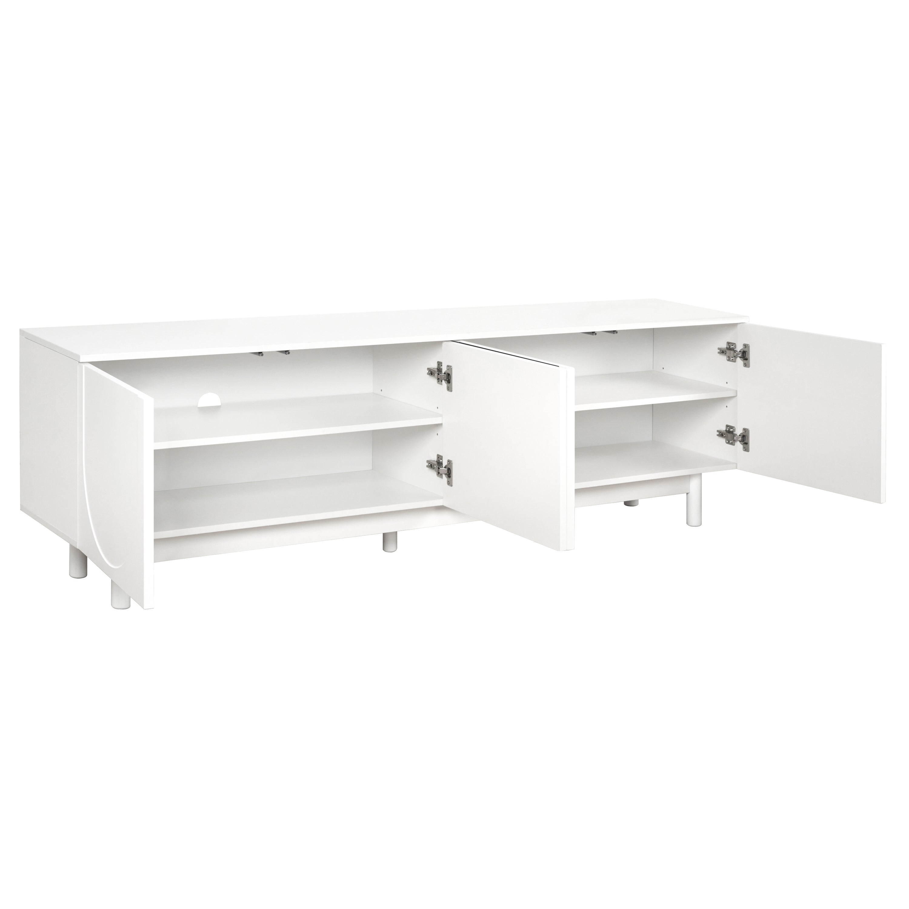 White Anthony & Home Graceful TV stand with arch cabinets, solid wood legs, adjustable shelves, suited for TVs up to 78 inches.