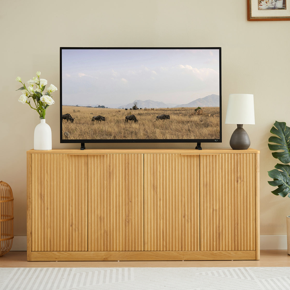 Natural finish Anthony & Home Signature Curved Contour Sideboard with 4 doors and storage, 59-inch width, modern design.