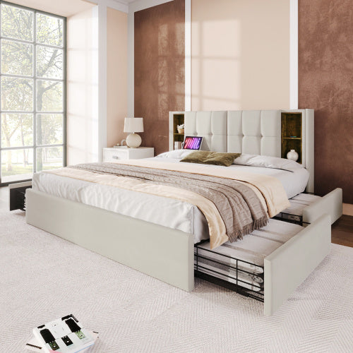 Beige Velvet Metal Bed Frame With USB C And Four Drawers