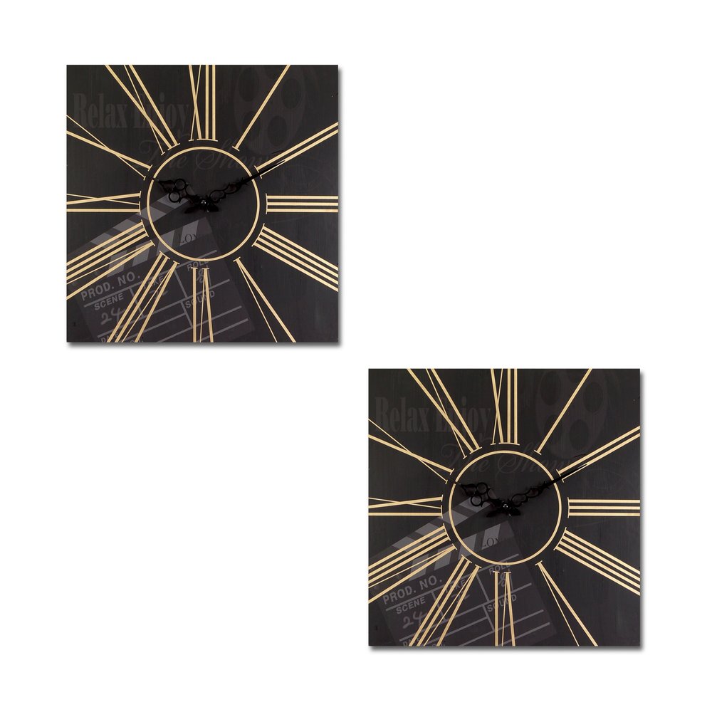 Set of Two Black And Gold Wood Analog Square Cinema Wall Clocks
