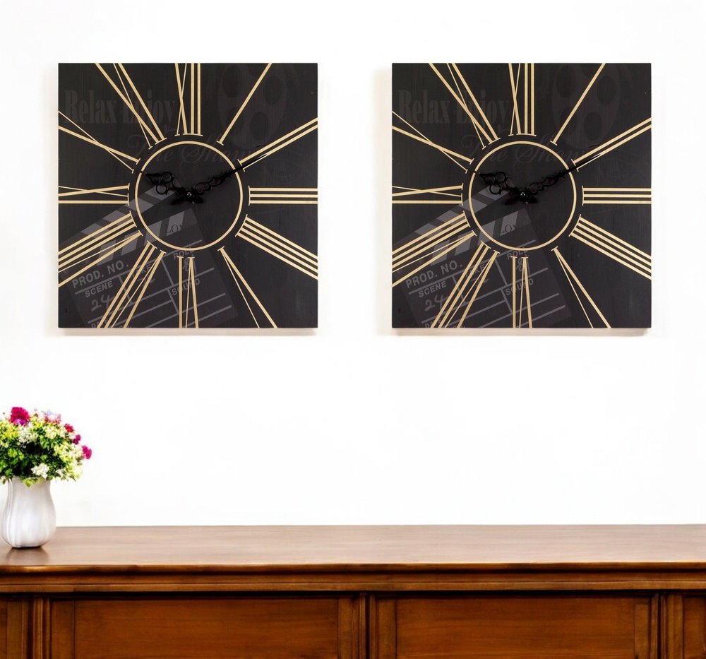 Set of Two Black And Gold Wood Analog Square Cinema Wall Clocks