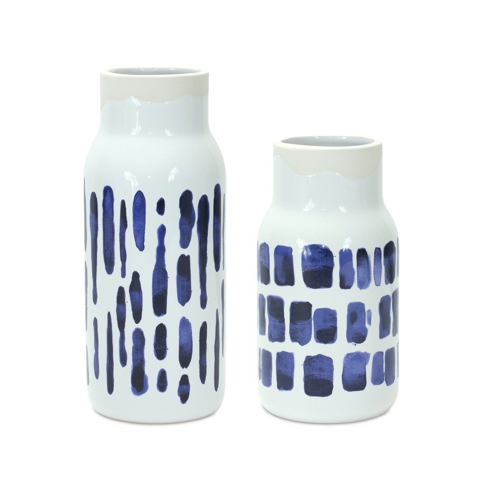 Set of two blue and white abstract ceramic cylinder vases by HomeRoots, featuring modern artistic designs for home decor.