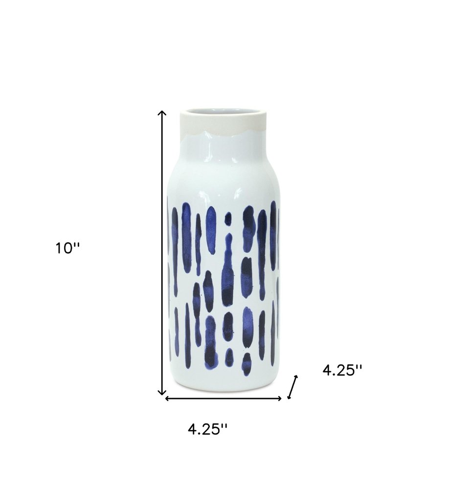 Set of two blue and white abstract ceramic cylinder vases by HomeRoots, decorative table vases with modern design.