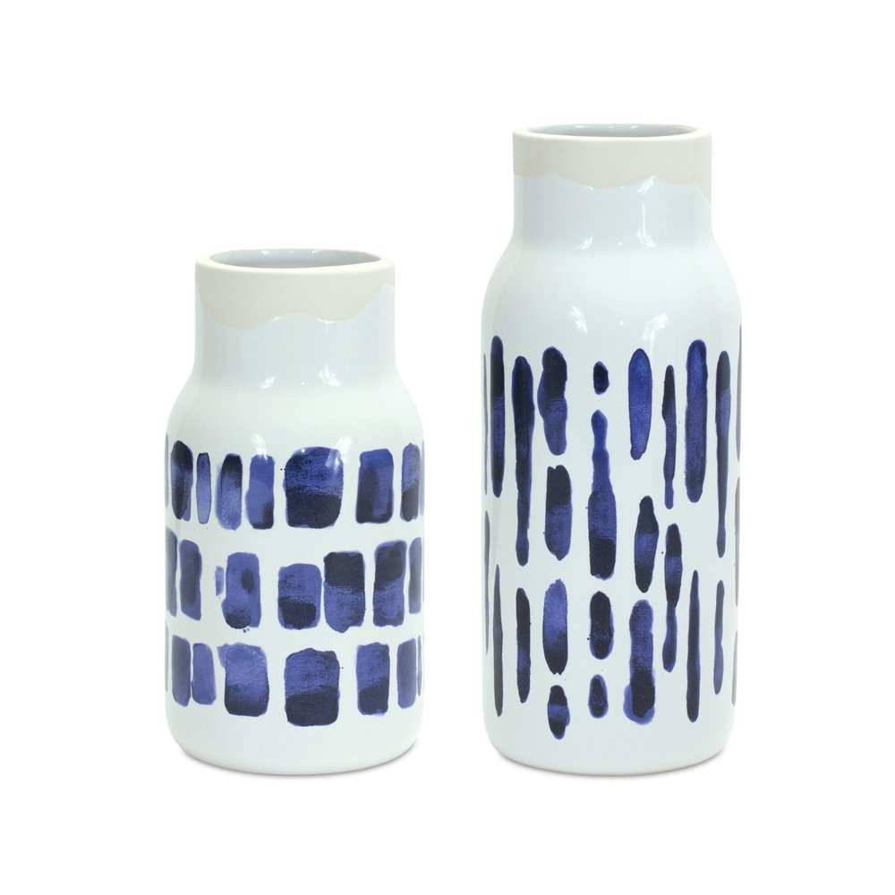Set of two blue and white abstract ceramic cylinder vases by HomeRoots, featuring modern design and decorative patterns.