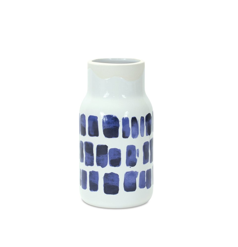 Set of two blue and white abstract ceramic cylinder vases by HomeRoots, featuring modern geometric designs for home decor.