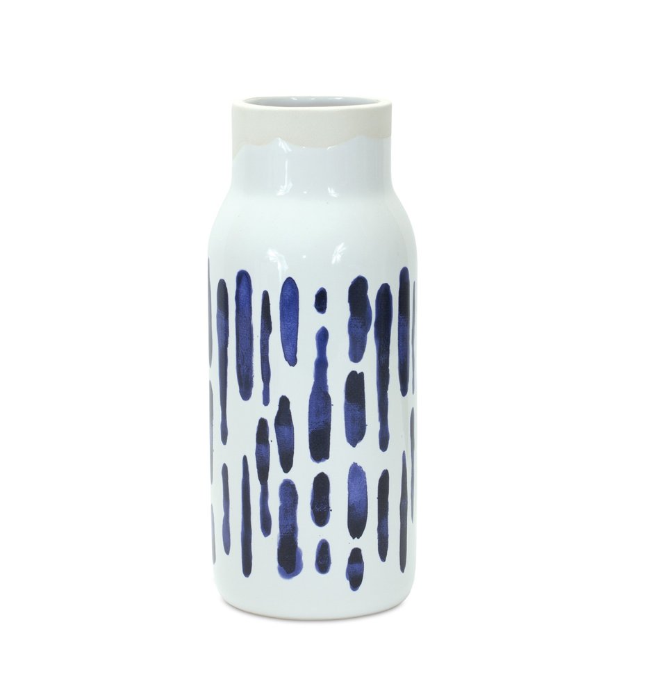Set of two blue and white abstract ceramic cylinder vases with modern design, perfect for home decor from HomeRoots.