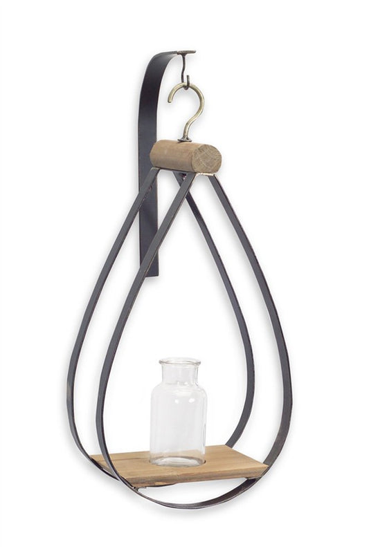 Set of Two Black Brown And Clear Cylinder Glass Metal And Wood Wall Vase