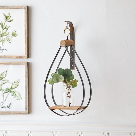 Set of Two Black Brown And Clear Cylinder Glass Metal And Wood Wall Vase