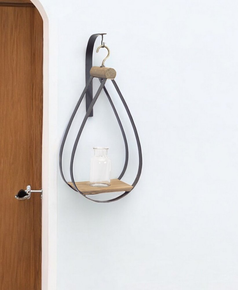 Set of Two Black Brown And Clear Cylinder Glass Metal And Wood Wall Vase