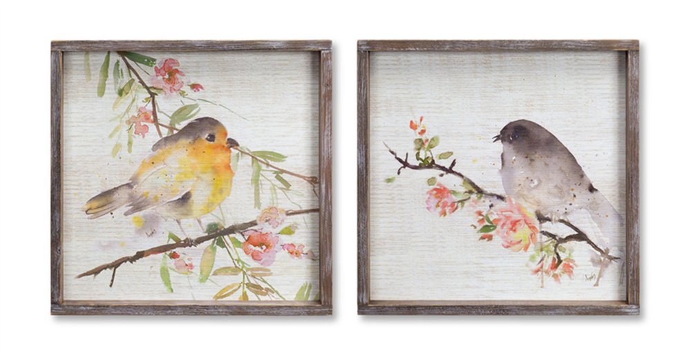 Set of Two Brown Bird Wood Square Framed Art