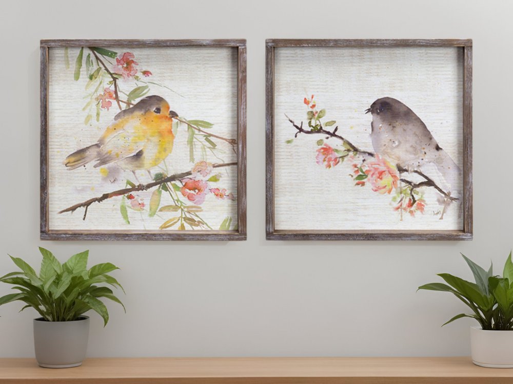 Set of Two Brown Bird Wood Square Framed Art