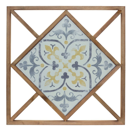Set of Two White Blue And Brown Floral Wood and Metal Square Framed Art