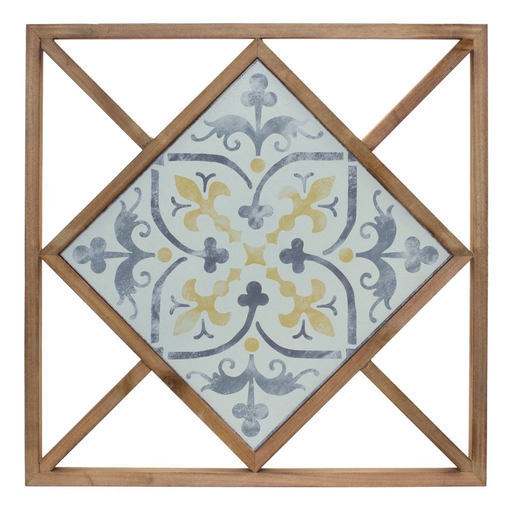 Set of Two White Blue And Brown Floral Wood and Metal Square Framed Art