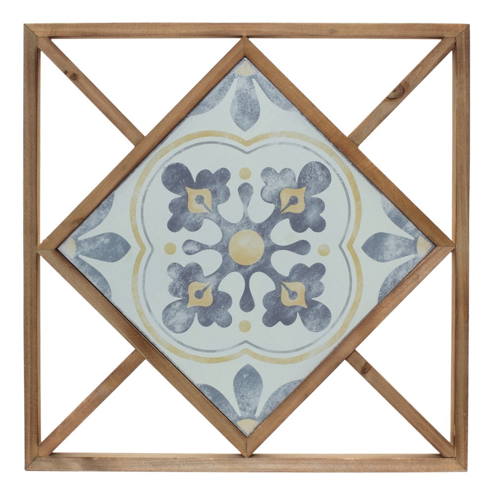 Set of Two White Blue And Brown Floral Wood and Metal Square Framed Art