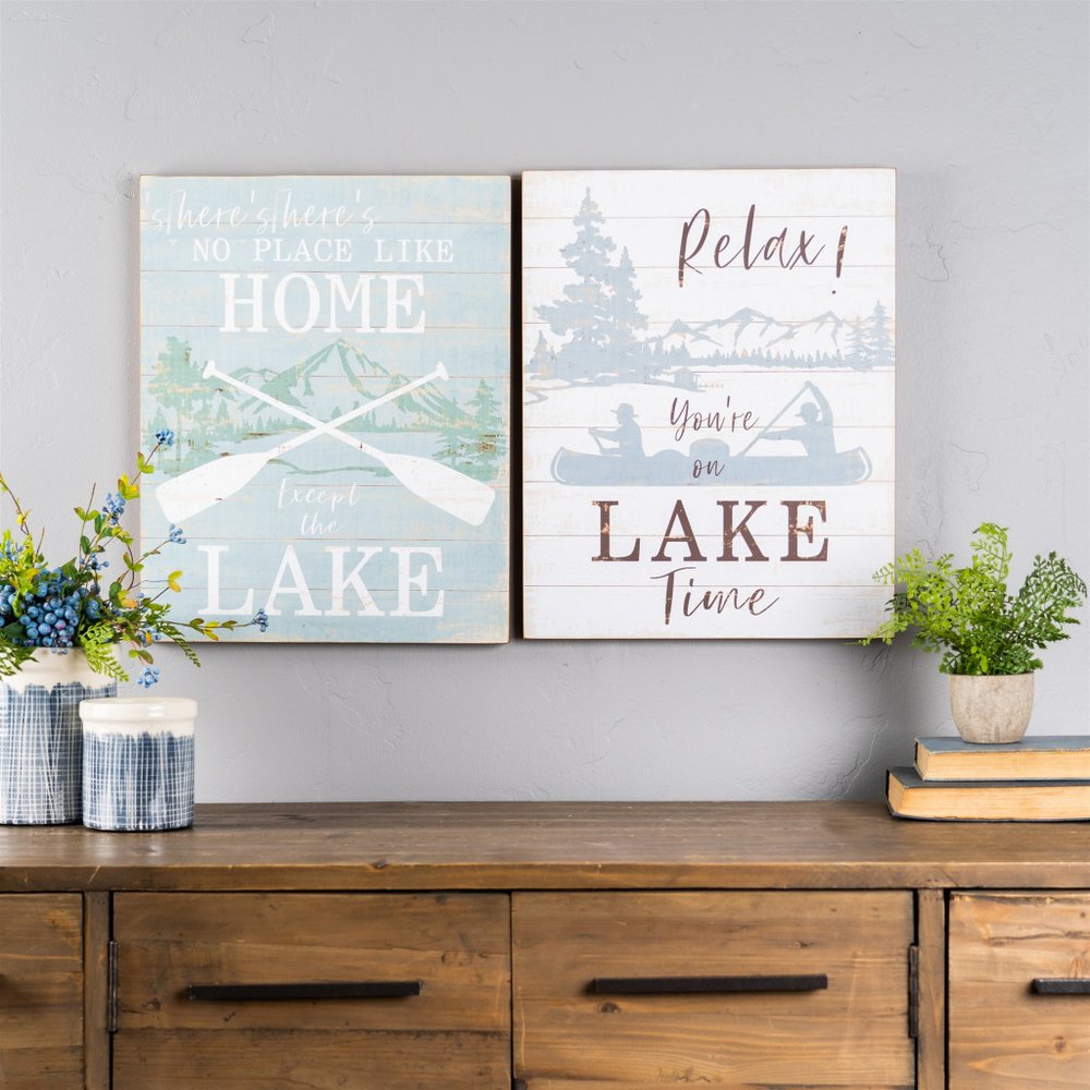 Set Of Two White Black Blue Trees Lake Wood Framed Art