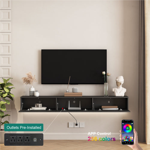 Floating Wall Mounted TV Stand 16 Color LEDs Black