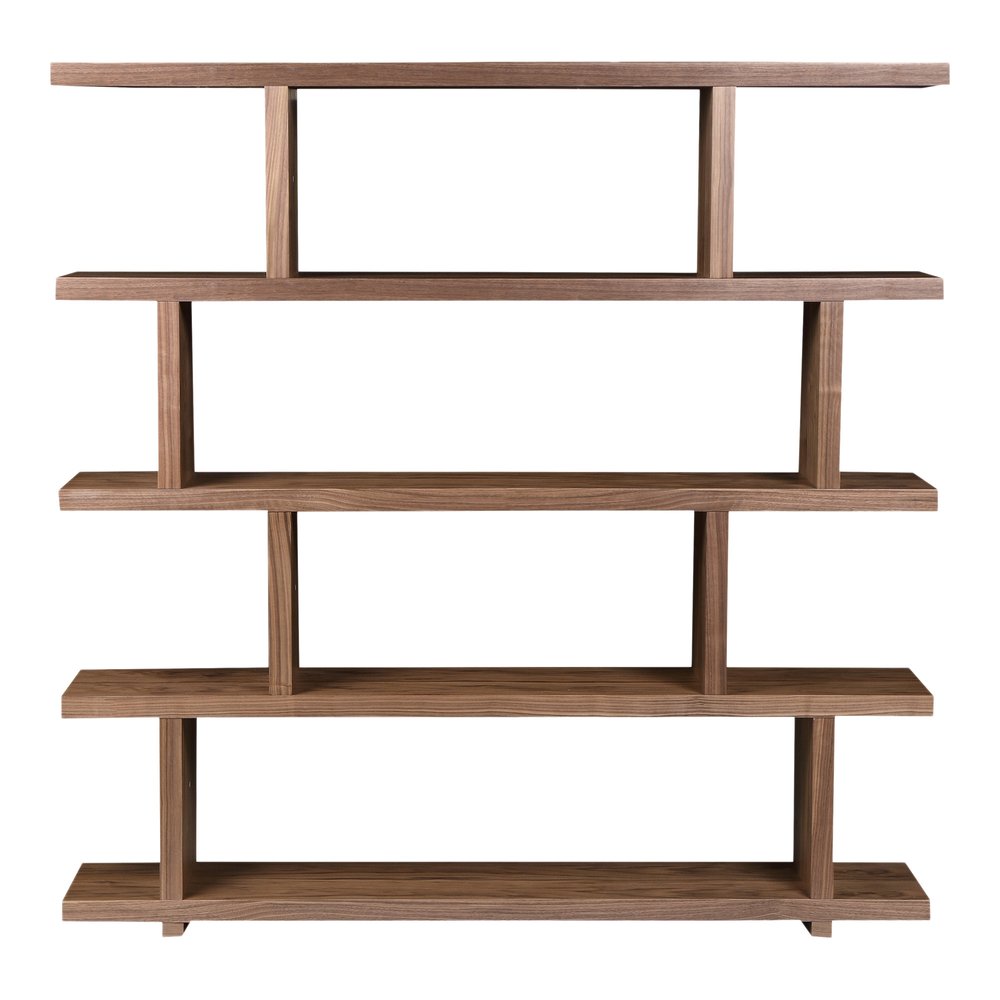 Brown and natural wood five-tier bookcase by HomeRoots with open shelves for books and decorative items.