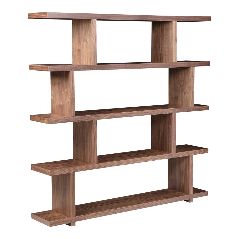Brown and natural wood five-tier bookcase with open shelves, sturdy design, ideal for home or office storage.