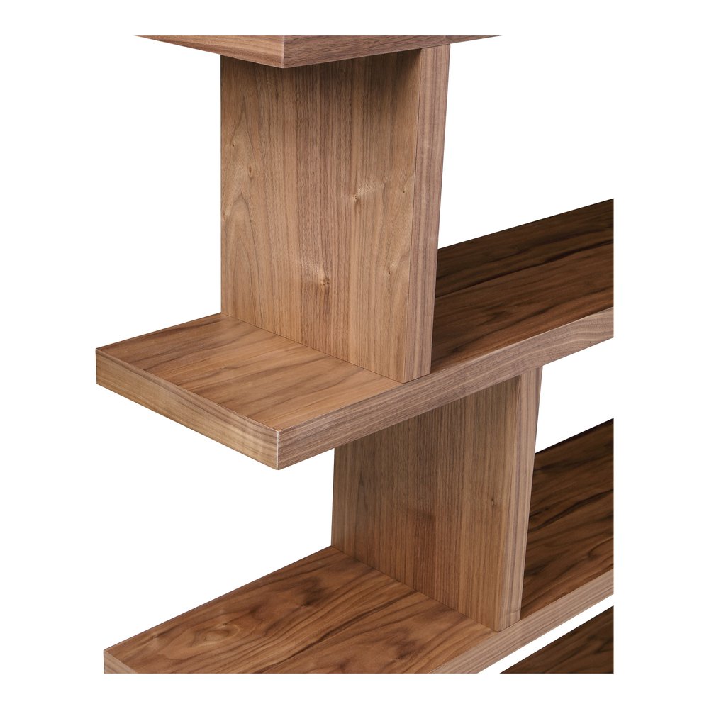 HomeRoots brown and natural wood five-tier bookcase with spacious shelves for storage and display.