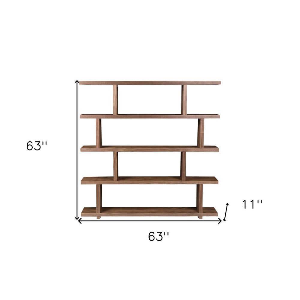 HomeRoots brown and natural wood five-tier bookcase with open shelves for organizing books and decor.
