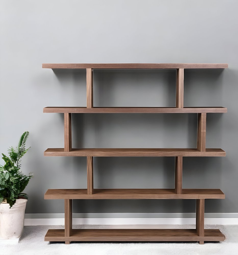 HomeRoots brown and natural wood five-tier bookcase with open shelves and sturdy construction.