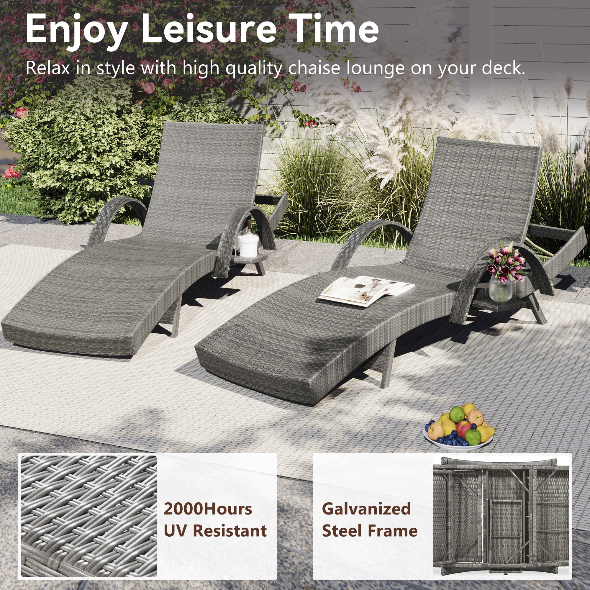Set of two Anthony & Home outdoor wicker chaise lounge chairs with pull-out side table, adjustable backrest, grey patio sunbathing recliners.