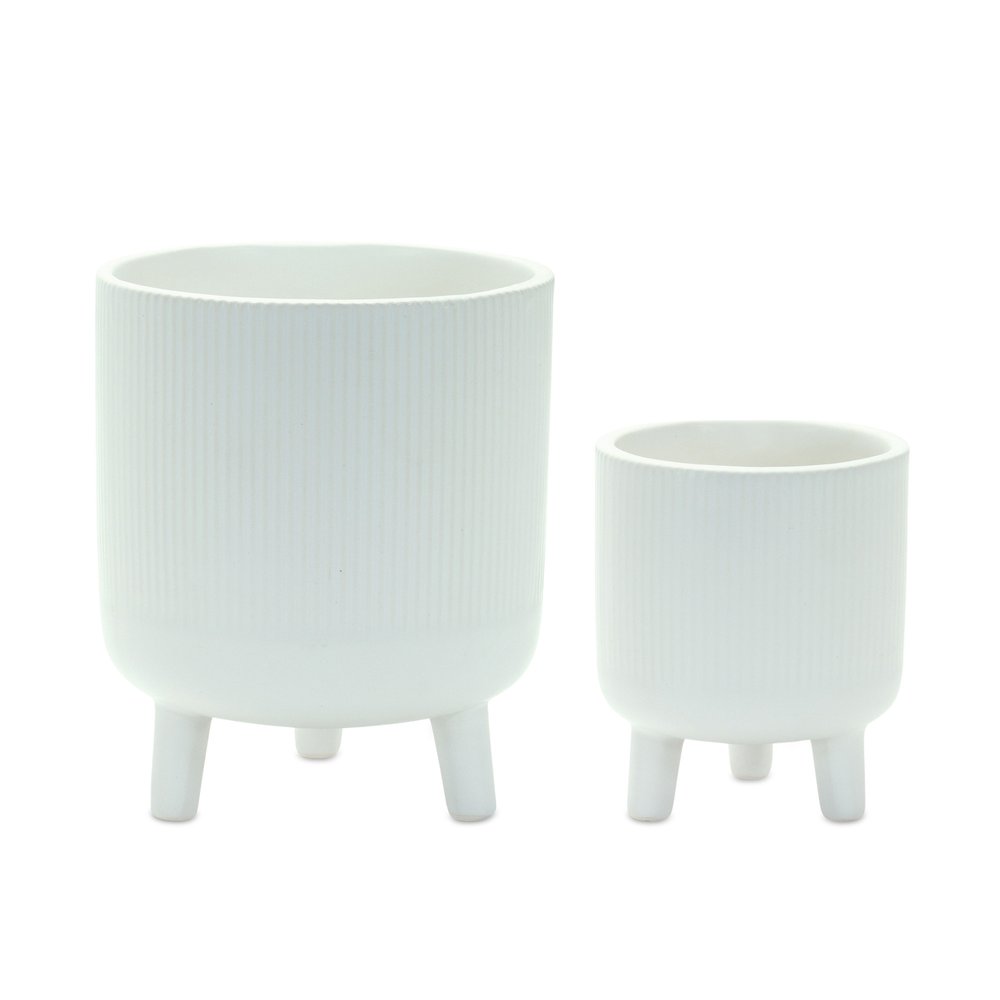 Set of Two White Ceramic Striped Footed Pot Planters