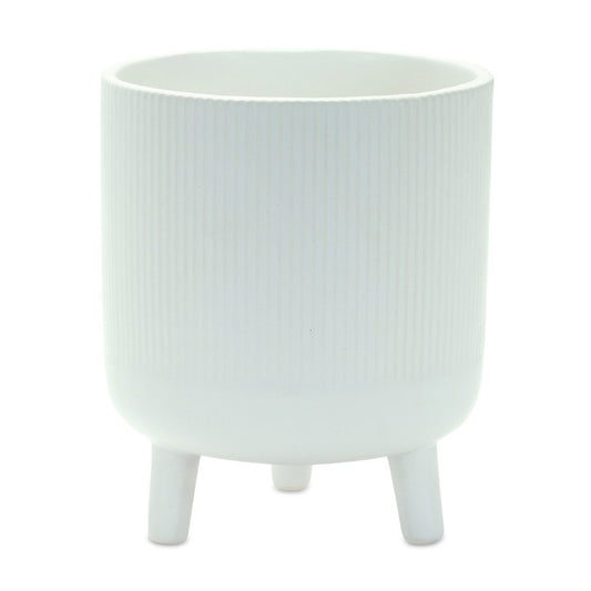Set of Two White Ceramic Striped Footed Pot Planters