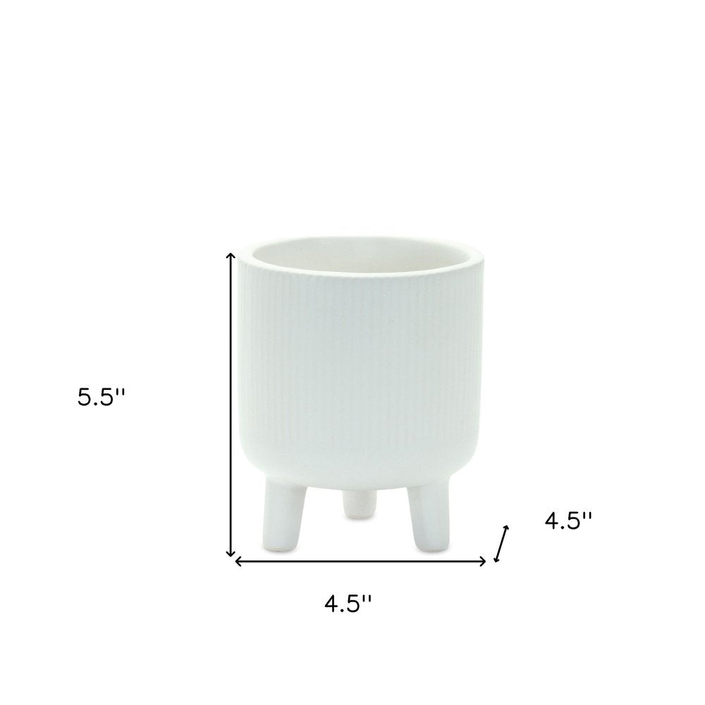 Set of Two White Ceramic Striped Footed Pot Planters