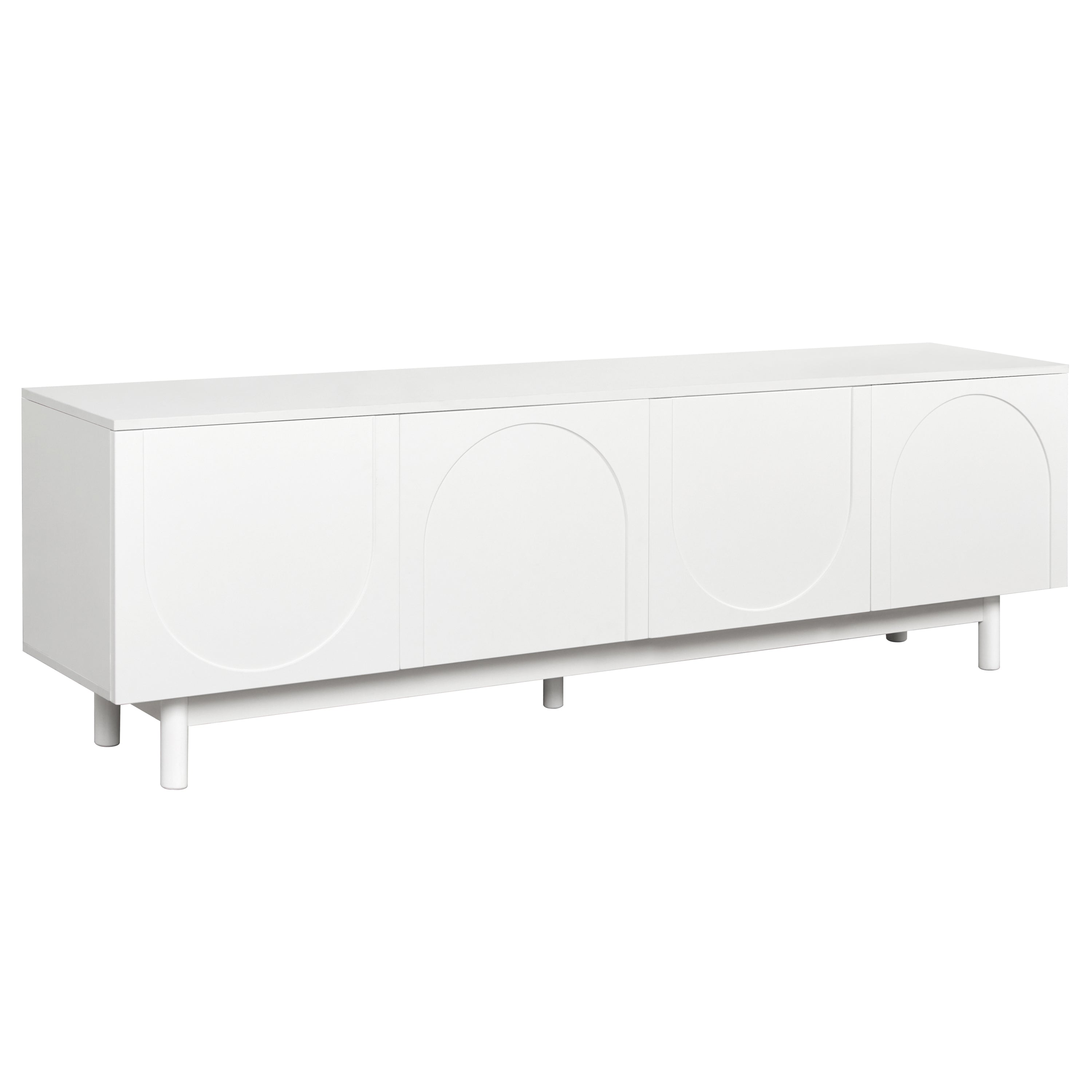 White Anthony & Home TV stand with arch cabinets, solid wood legs, adjustable shelves, ideal for TVs up to 78 inches in living rooms.