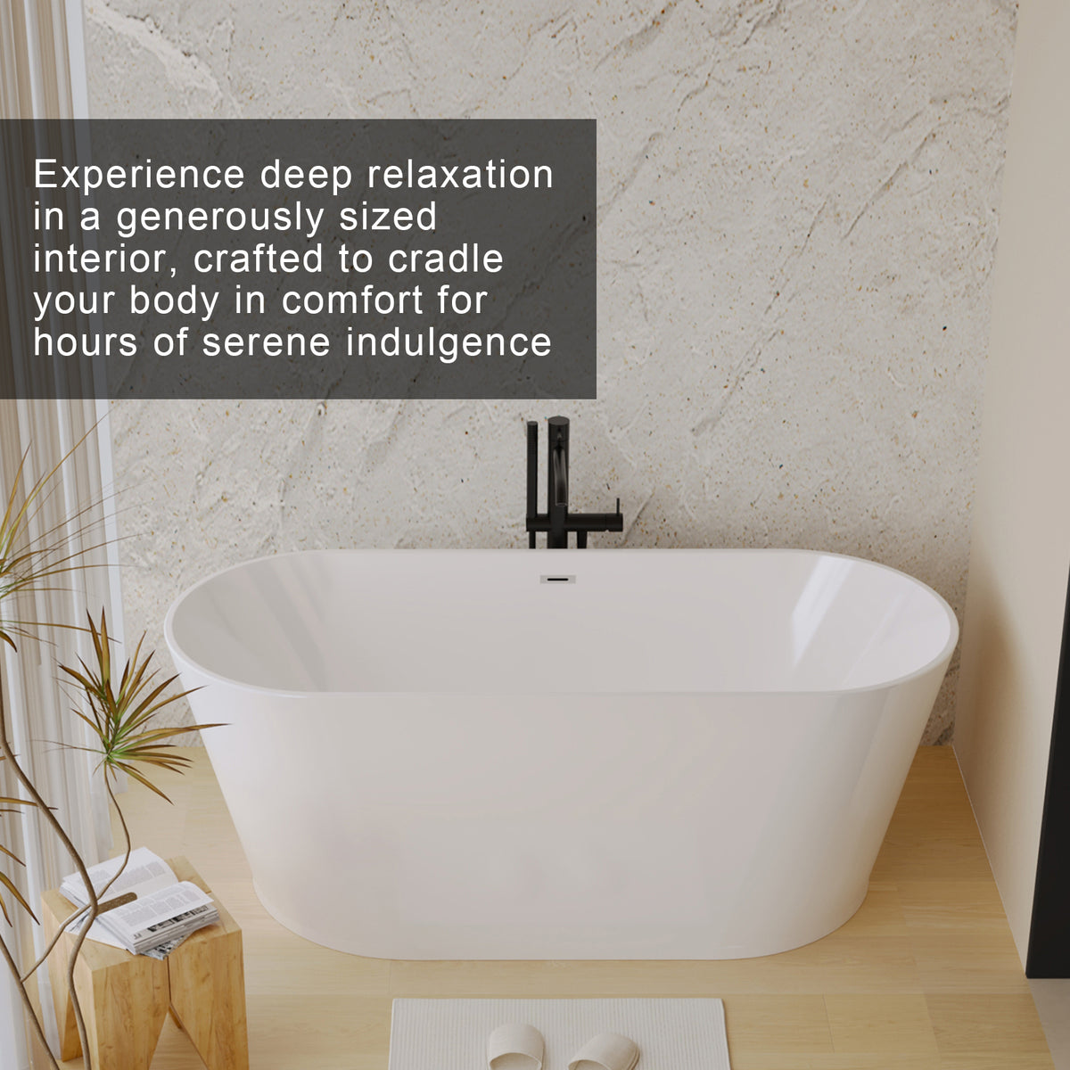 Glossy white acrylic freestanding soaking tub by Anthony & Home with ergonomic design and smooth, reflective surface.