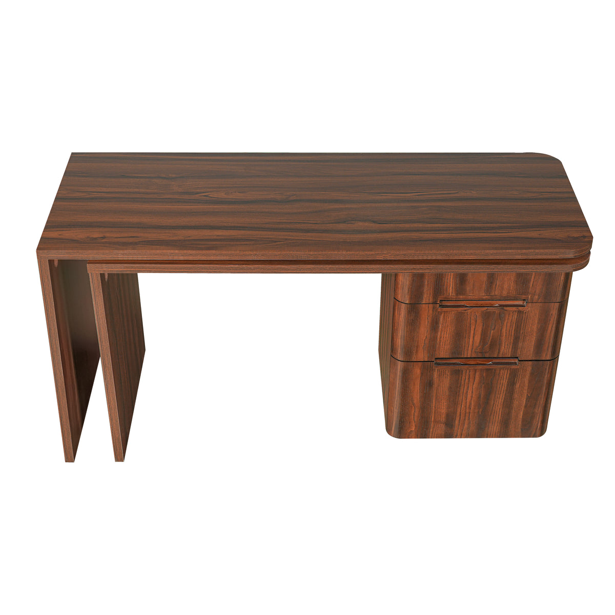 Walnut L-shaped desk with three drawers and 360-degree rotation by Anthony & Home, showcasing smooth wood finish and functional design.