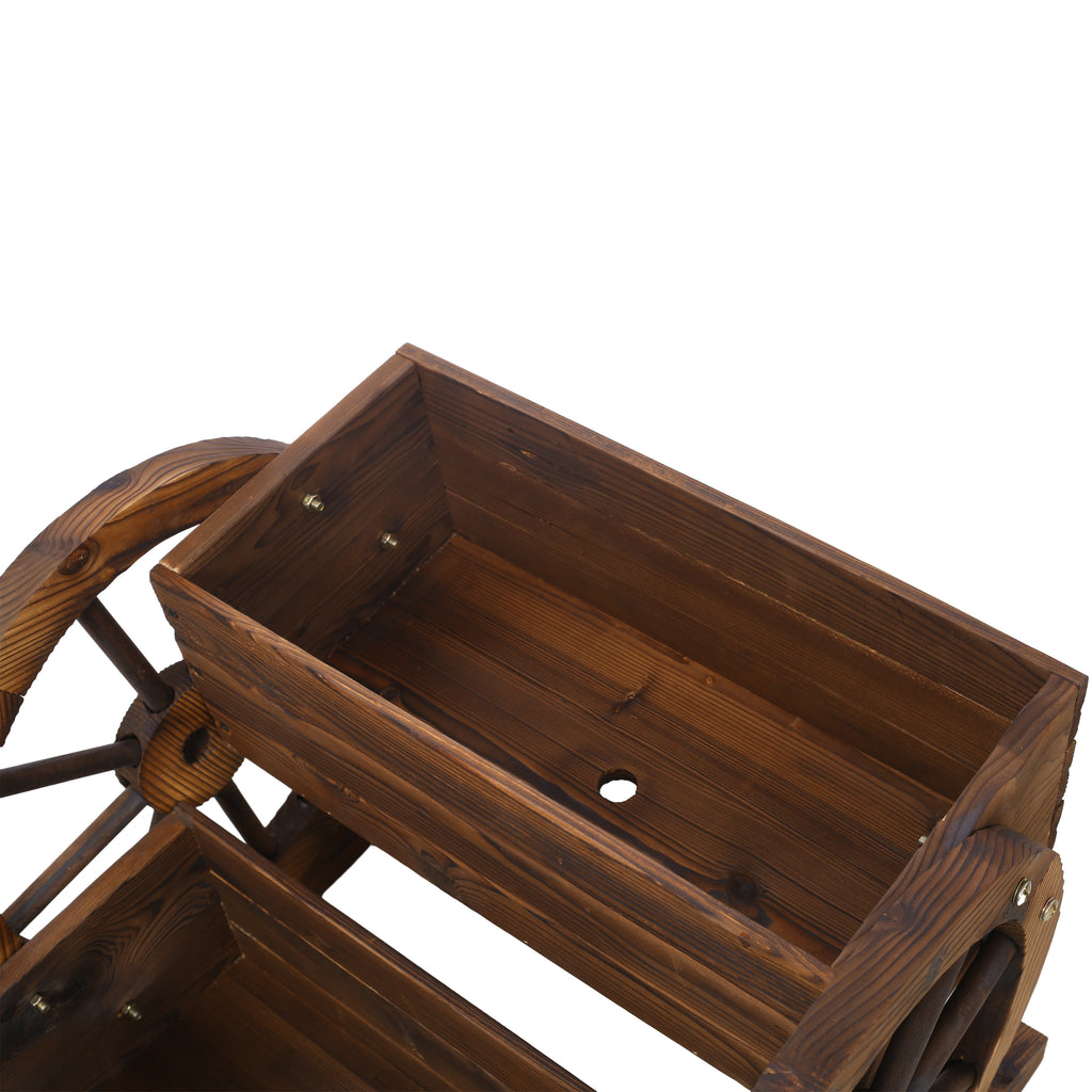 Solid wood garden wagon planter with wheels for flowers, herbs, and vegetables, ideal for indoor and outdoor garden decor.