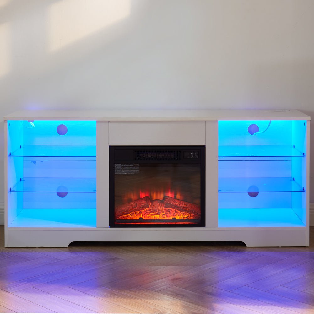 Anthony & Home electric fireplace TV stand with glass shelves, modern design, featuring a built-in electric fireplace and open storage.