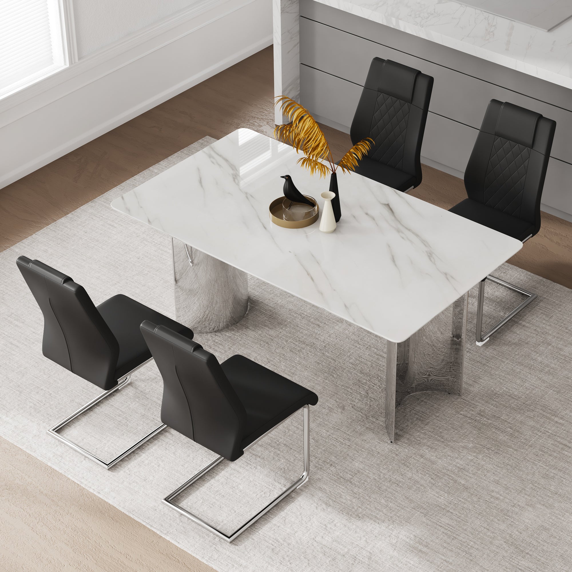 Marble glass top dining table from the Atelier collection by Anthony & Home, with sleek metal legs and modern design.