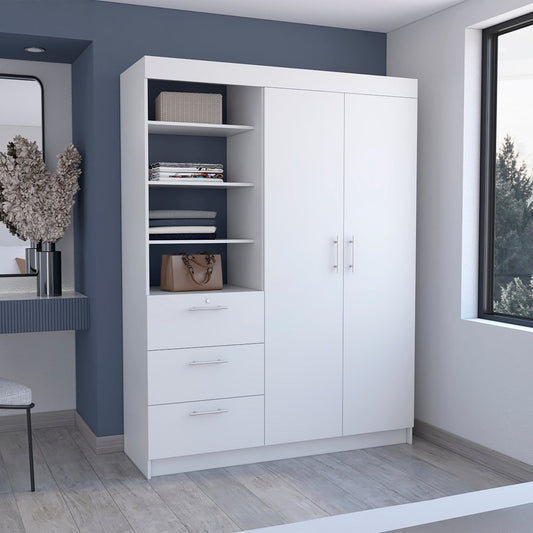 79" White Wood Two Door Three Drawer Combo Dresser
