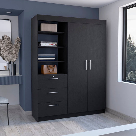 79" Black Wood Two Door Three Drawer Combo Dresser