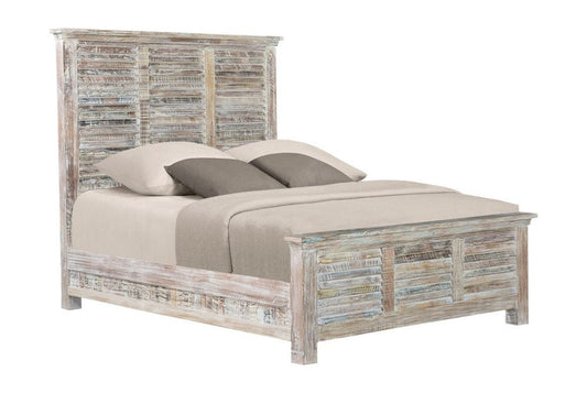 White Carved Geometric Distressed Reclaimed Wood Queen Bed Frame - Anthony & Home