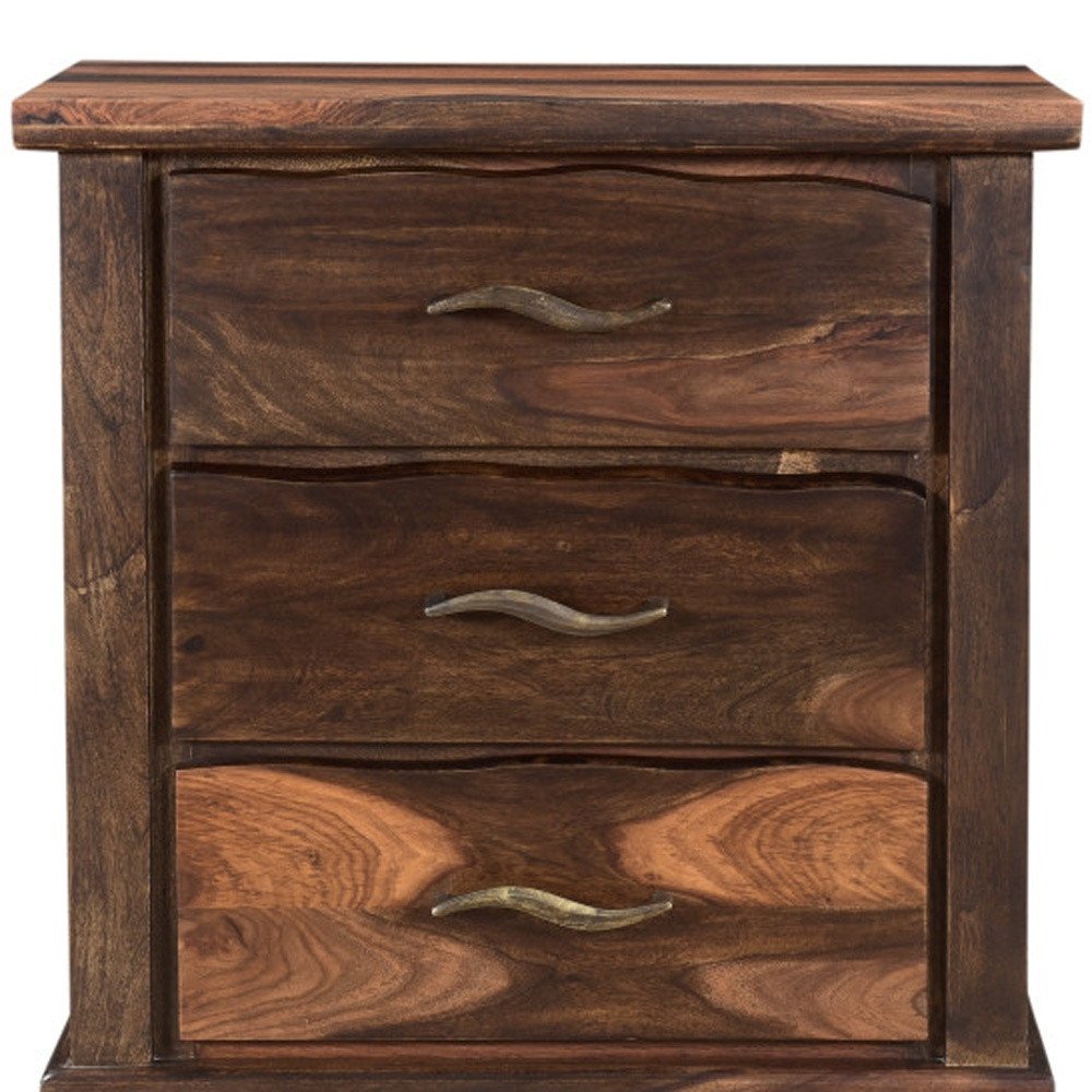 27" Dark Brown Solid Wood Three Drawer Nightstand
