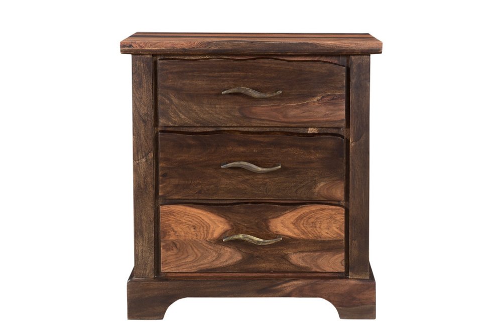 Dark brown solid wood nightstand with three drawers, featuring a simple design and sturdy construction from HomeRoots.