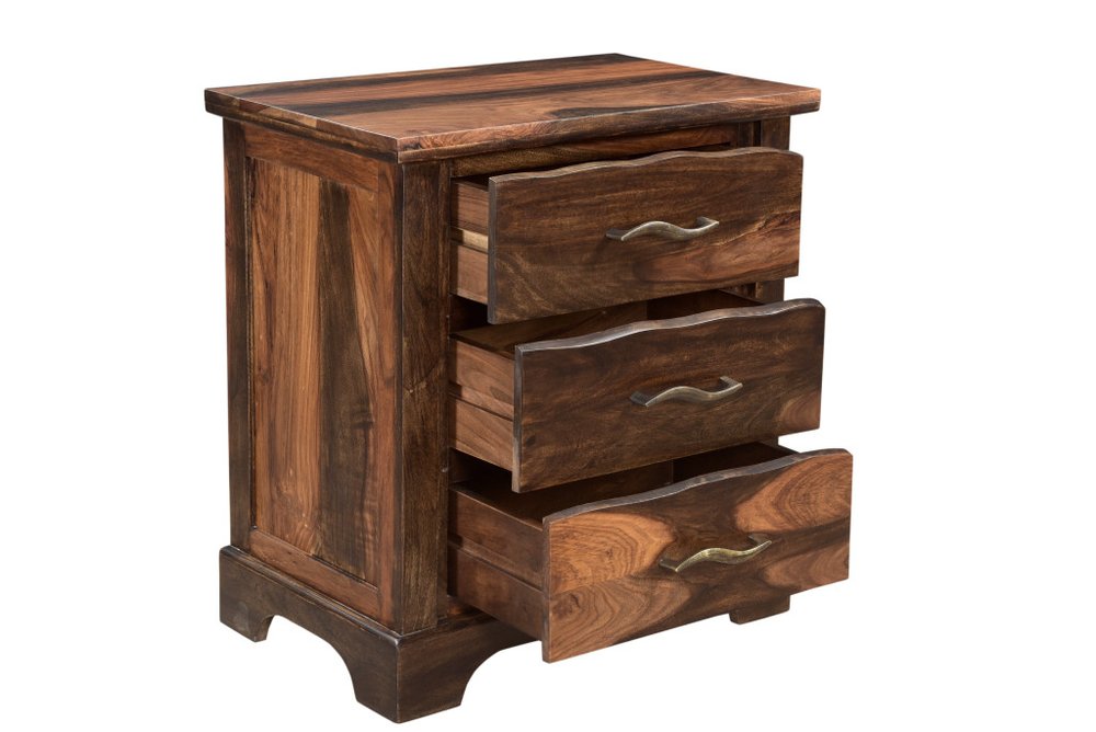 Dark brown solid wood nightstand with three drawers, modern HomeRoots bedside table for bedroom storage and style.